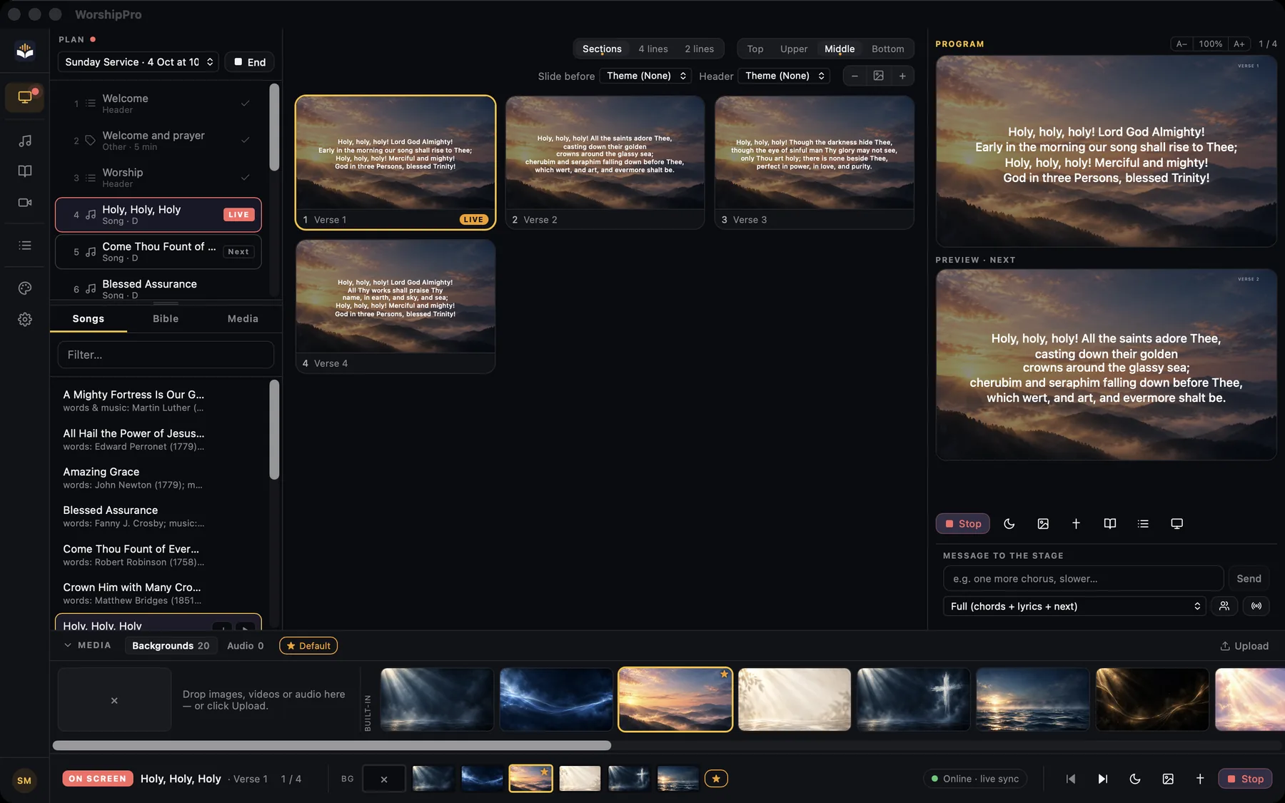 The presentation app: plan, song slides, program and preview