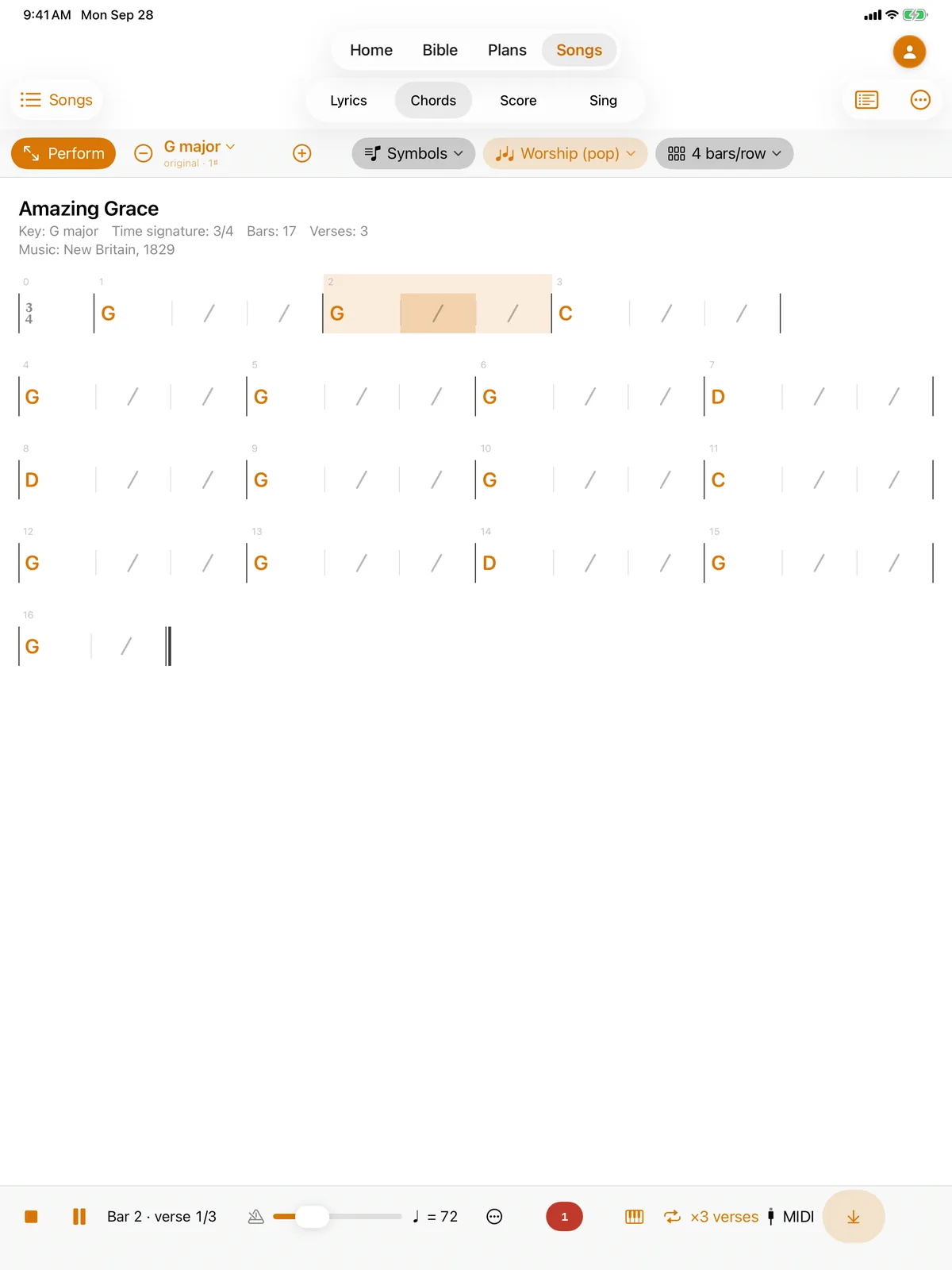 A song's chord grid on iPad with the band accompaniment