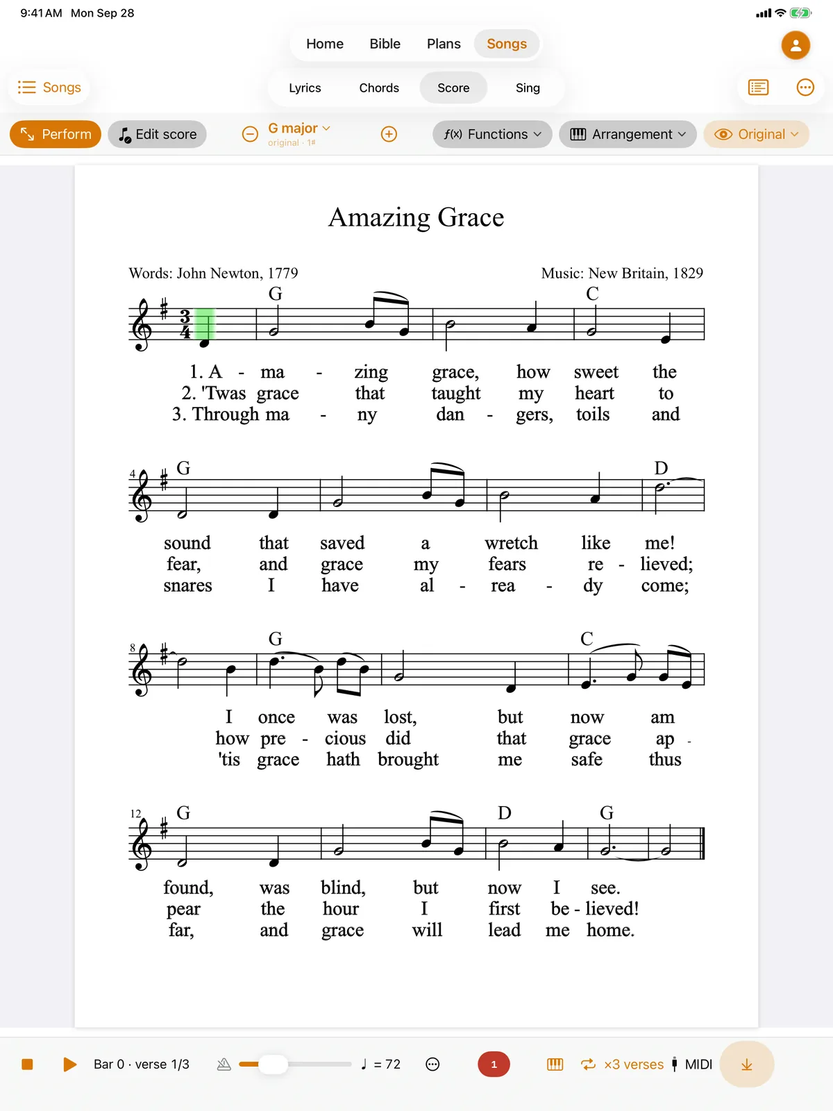 Sheet music for “Amazing Grace” on an iPad