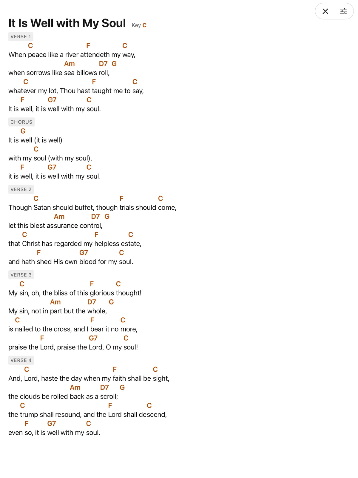 Stage mode on iPad: lyrics with chords on the full screen