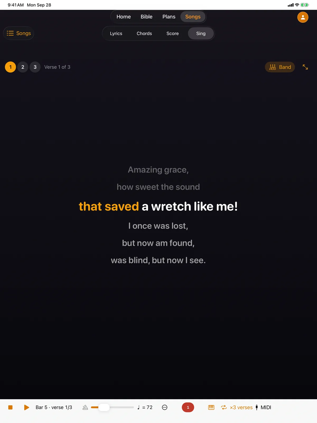 The Sing view: lyrics highlighted syllable by syllable
