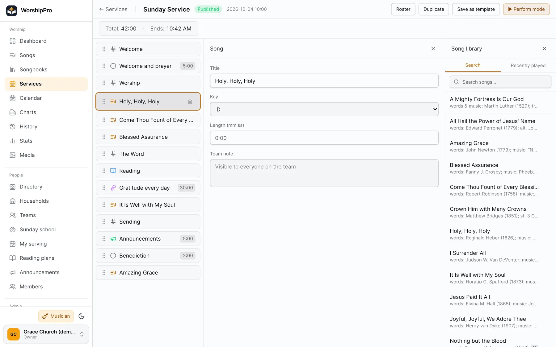A service plan in the web app: order of service with songs, lengths and the song library alongside