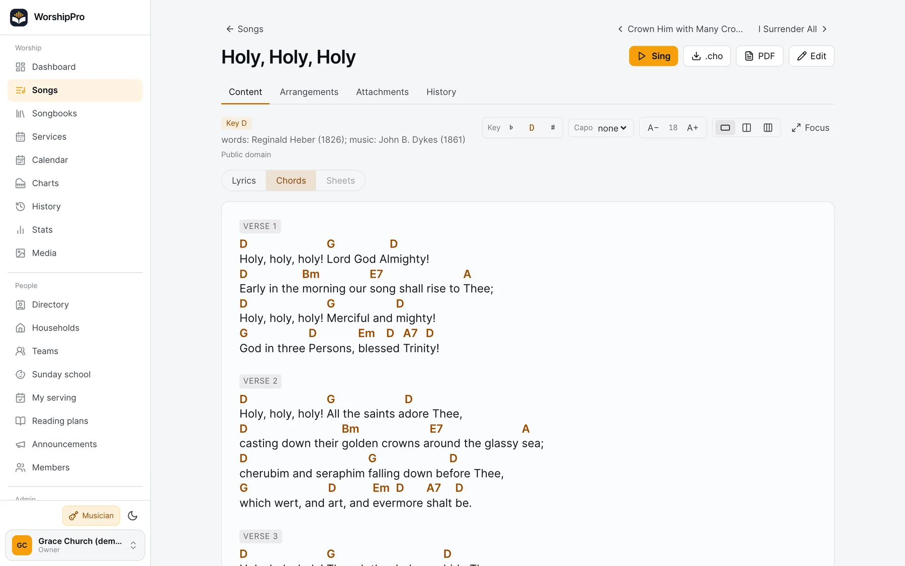 “Holy, Holy, Holy” with chords, transposition and capo