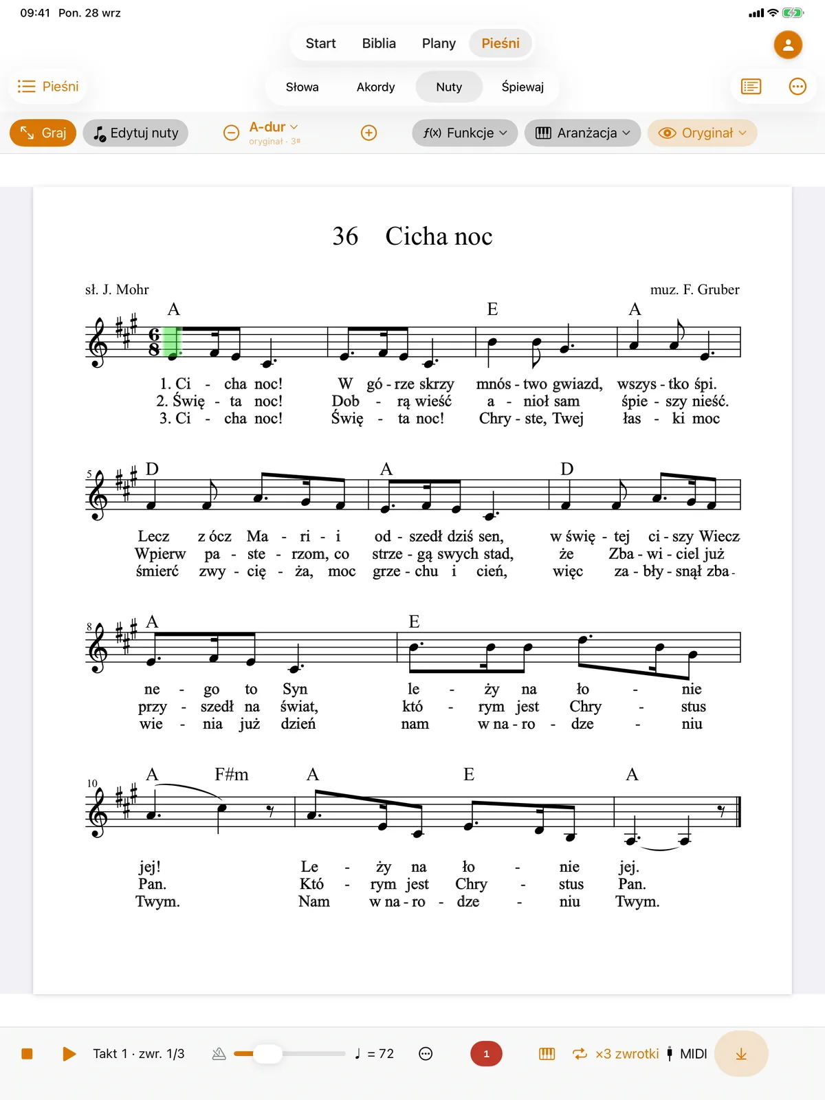 Nuty pieśni „Cicha noc” na iPadzie